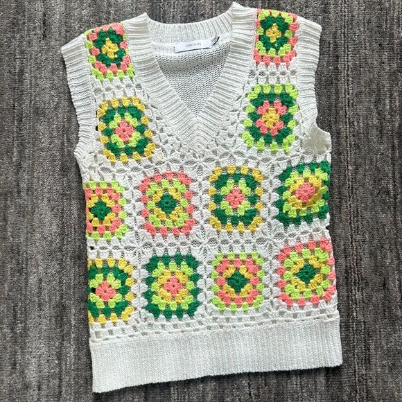 Greylin Sweaters - Greylin (Anthropologie) Neon Crochet Granny Square Sweater Top, Size XS